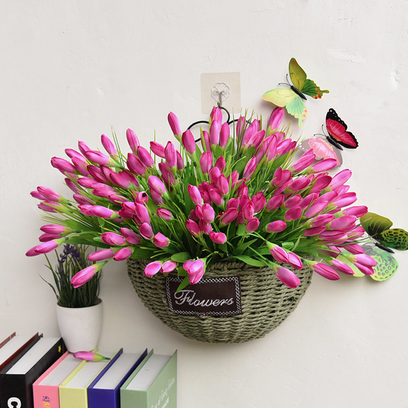 Wall wall hanging decoration flower basket wall flower pot pendant rattan simulation fake flower set simple European style creative living room