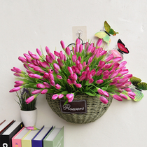 Wall wall hanging decorative flower basket wall flower pot pendant rattan weaving imitation fake flower set simple European style creative living room