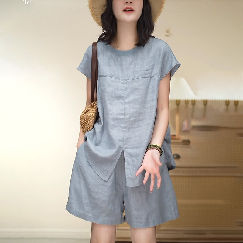 European Style Light Luxury Fashion Cotton and Linen Suit for Women 2026 New Summer Simple Casual Linen Shorts Two-Piece Set Trendy European Style Light Luxury Fashion Cotton and Linen Suit for Women 2026 New Summer Simple Casual Linen Shorts Two-Piece Set Trendy