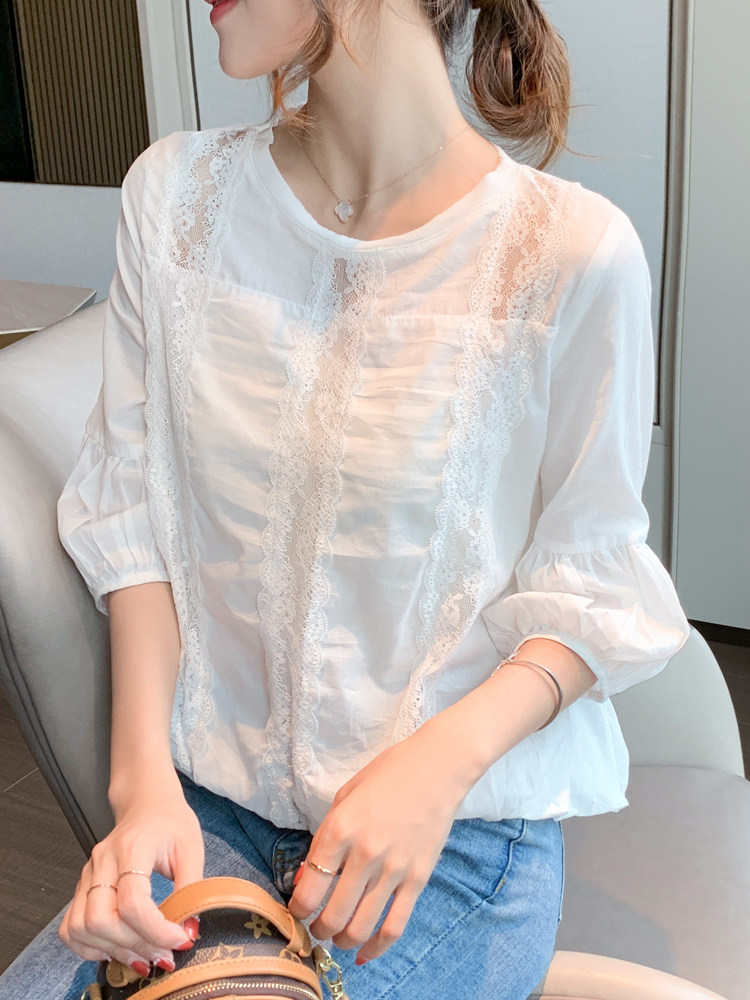 European Station Snowspinning Shirts Women's Summer Short Sleeves Slim 2022 New Fashion 100 Lace Blouses Ocean Wave