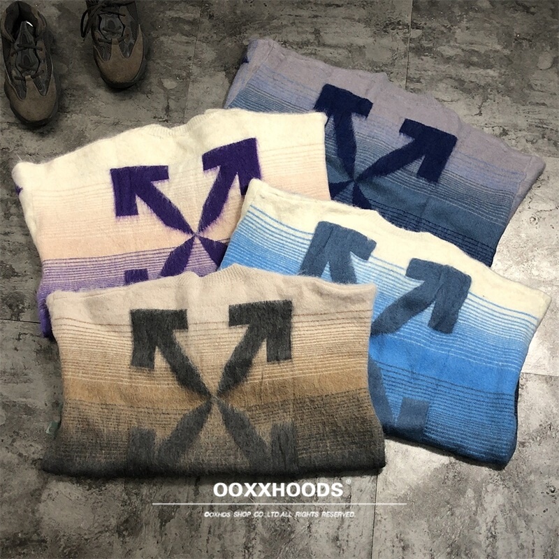 Super Stylish Mohair Sweater with Gradient Color Arm Stripes, Pullover Knit Top, Loose Oversized Trendy Brand Arrow Design