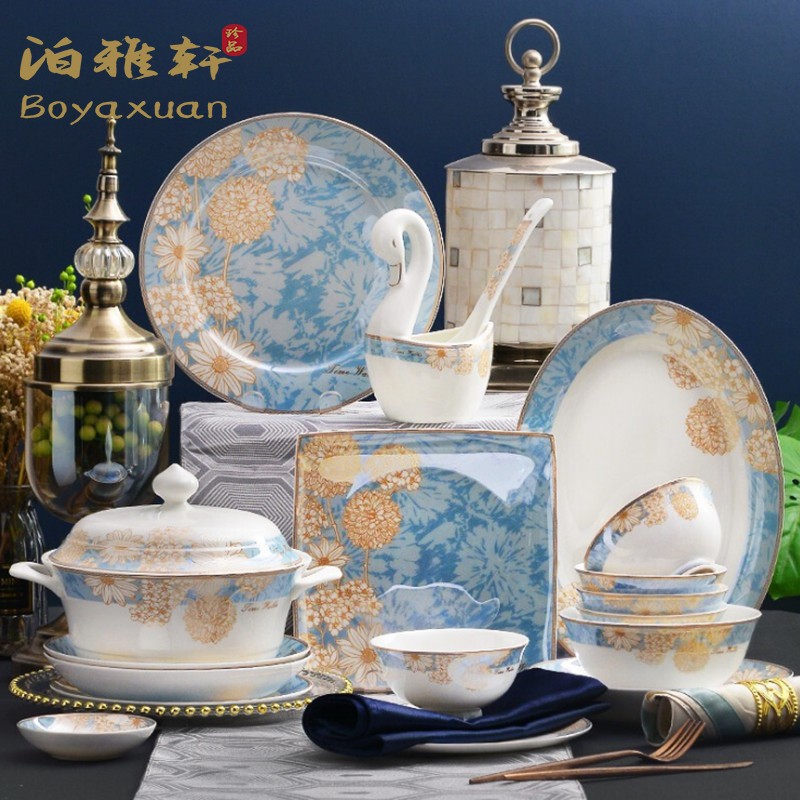 Poixuan Dishes Suit Home-Style Light Luxury High-end Bone China Cutlery Ceramic Cutlery Ceramic Bowl tray Chopsticks Joe Accommodate