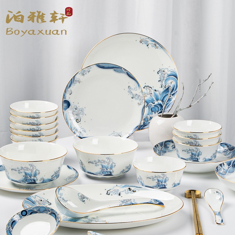 Bo Yaxuan bowl and plate set home Chinese bone china ceramic bowl plate Jingdezhen blue and white porcelain tableware gift