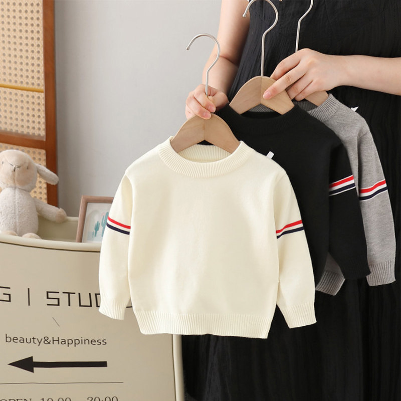 Cotton Children's Sweater 2026 Spring Baby Boy Knitted Base Shirt Beige Black Round Neck White