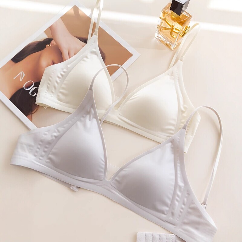 All-Cotton Silky Satin French Deep-V Lingerie for Women, Thin Straps, Seamless Triangle Cup, Small Bust, Wireless Bra, Thin