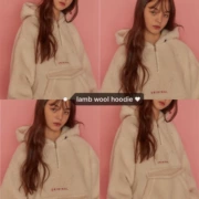 Ghost Horse Girl Mùa thu đông Hàn Quốc Phong cách đại học Retro Loose I Thêu Zipper Cổ áo dày Lamb Fur Hoodie Áo len