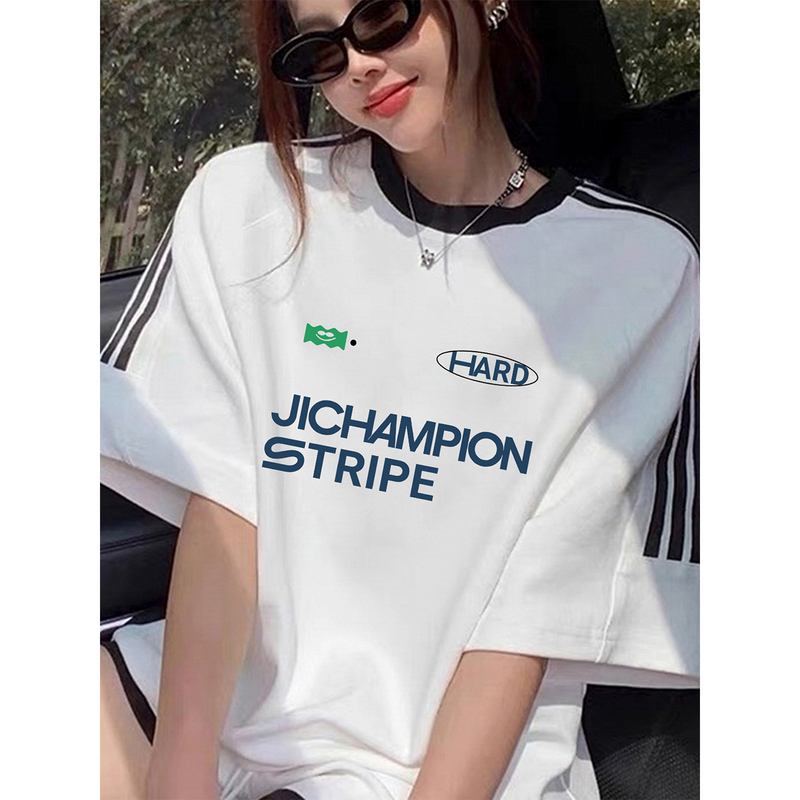 Season Champion Letter Print Short-Sleeved T-Shirt for Women 2026 Summer New Style Contrasting Color Pure Cotton Casual Couple Trendy Brand Top
