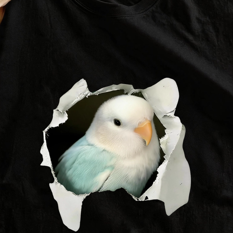 Ripped Turquoise Parrot Bird Peony Illustration Creative Fun Fashion Trendy Casual Personality Pure Cotton Short Sleeve Ripped Turquoise Parrot Bird Peony Illustration Creative Fun Fashion Trendy Casual Personality Pure Cotton Short Sleeve