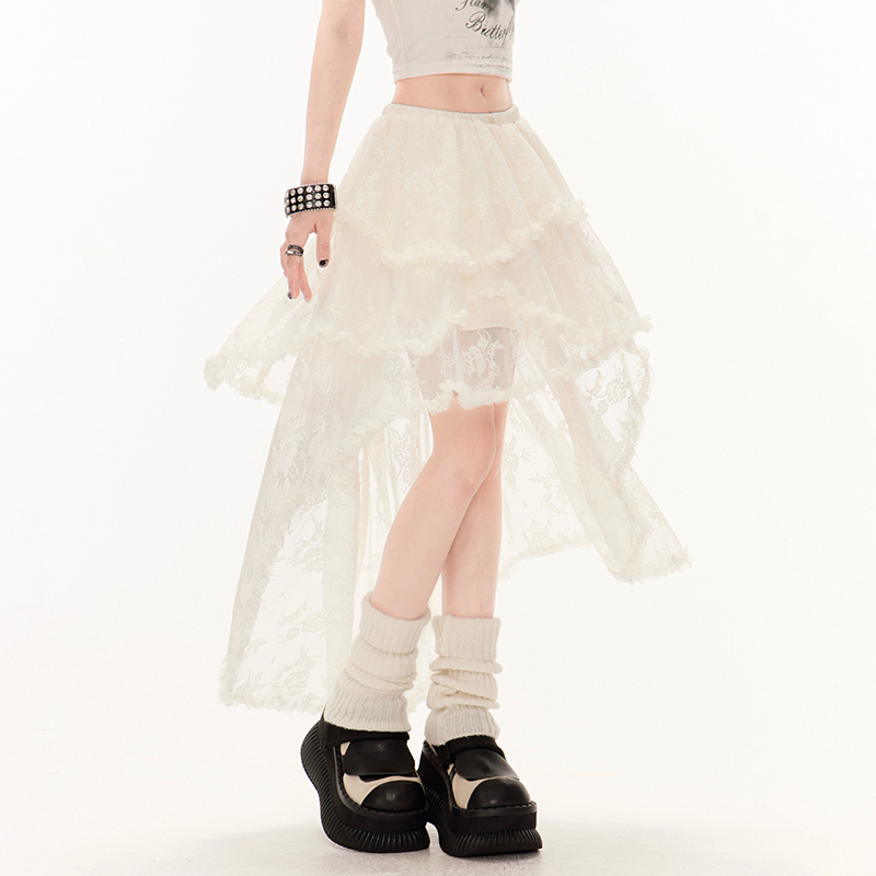 11Sh97 White Asymmetrical Lace Skirt for Women, Summer Slanted Hem, Atmospheric Mid-Length Draped Cake Skirt