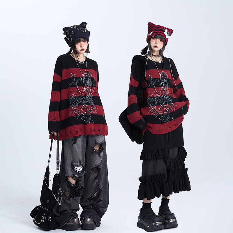 11Sh97 Knitted Casual Sweater for Women, New Autumn Striped Ripped Loose Slim-Fit Round Neck Top