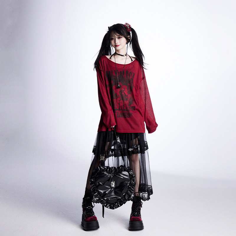 11SH97 Red Retro Sheer Printed Loose Long-Sleeve T-Shirt Women's Autumn Hot Girl Outerwear