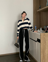 Japanese SLY pumping rope trailing broadlegged pants woman high waist display slim 2021 fall loose straight barrel casual pants