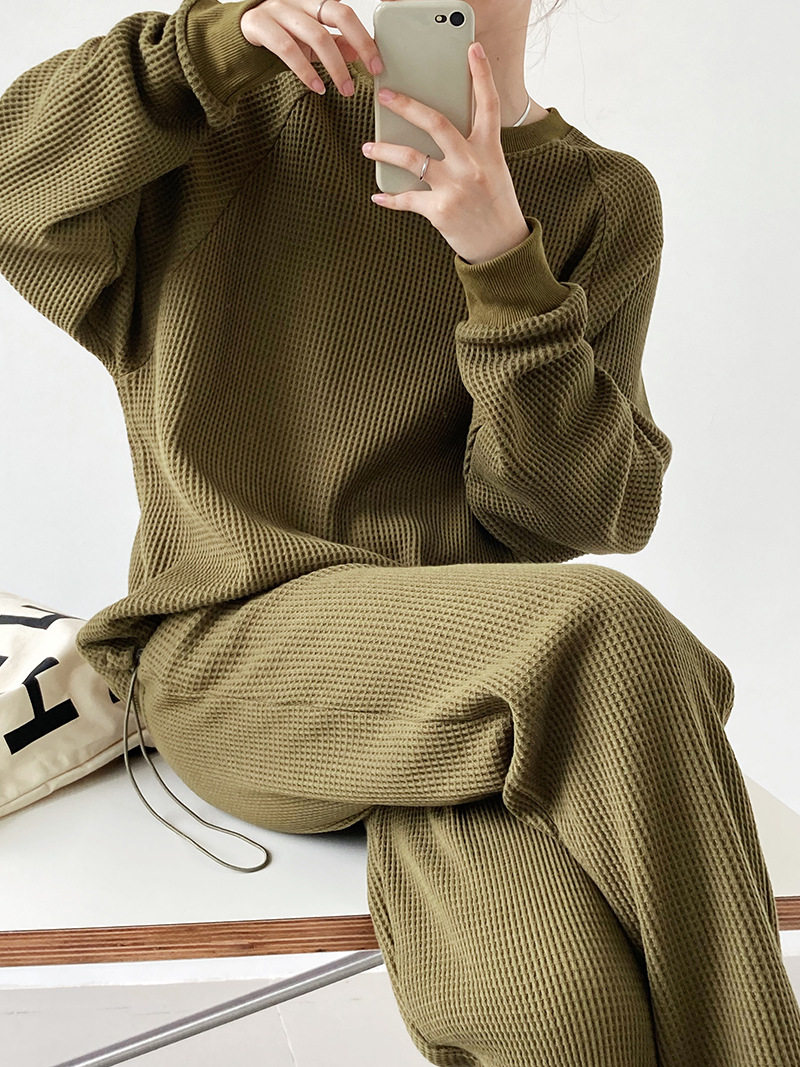 Japanese SSLY casual sports suit women's 2021 autumn loose waffle sweater trousers two-piece set