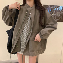  Japan SLY spring tooling jacket womens loose bf stand-up collar drawstring retro Hong Kong style chic student top