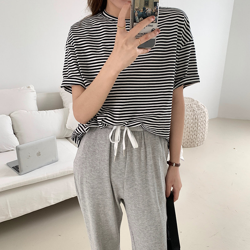 Japanese SLY2020 summer chic base striped color pattern round neck loose slim short sleeve T-shirt blouse