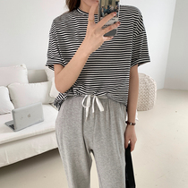  Japan SLY2020 summer chic basic striped color crew neck loose thin short-sleeved T-shirt womens top