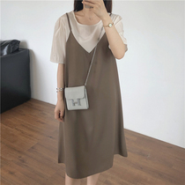 Japan SLY2021 Summer Day Silk Fake two Lions Dress Temperament Gentle and loose Loose Pendant Strap Skirt