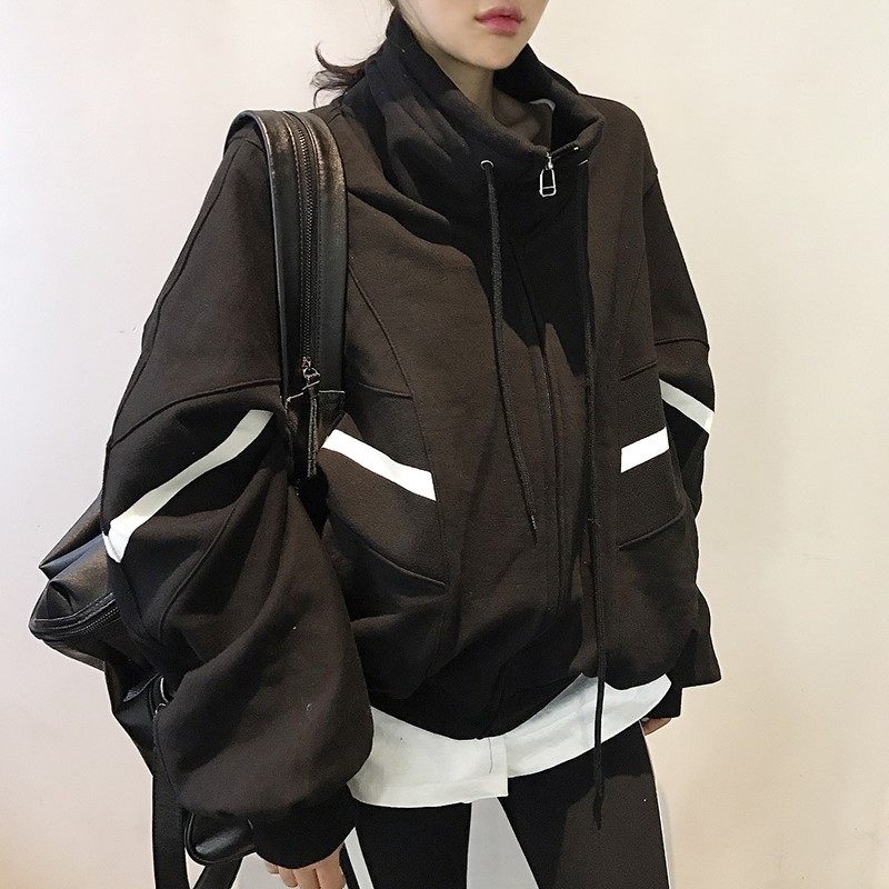 South Korea 2020 new sports and leisure style color matching drawstring stand-up collar baseball uniform loose sweater jacket women's trend