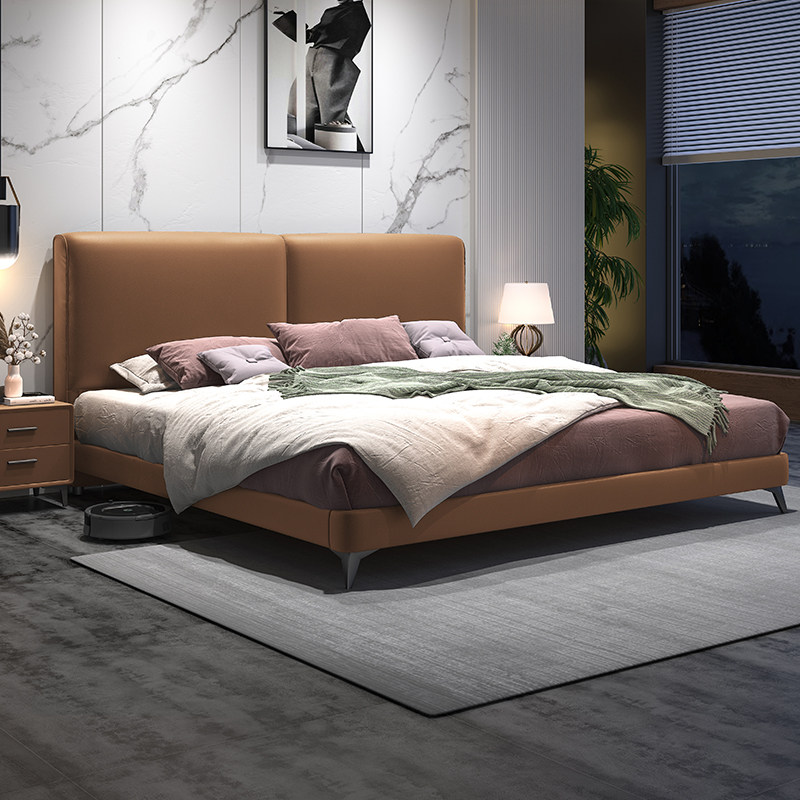 Leather bed light extravagant bed modern minimalist genuine leather bed Italian style minimalist 1 8 m double master bedroom with small household type storage soft bed