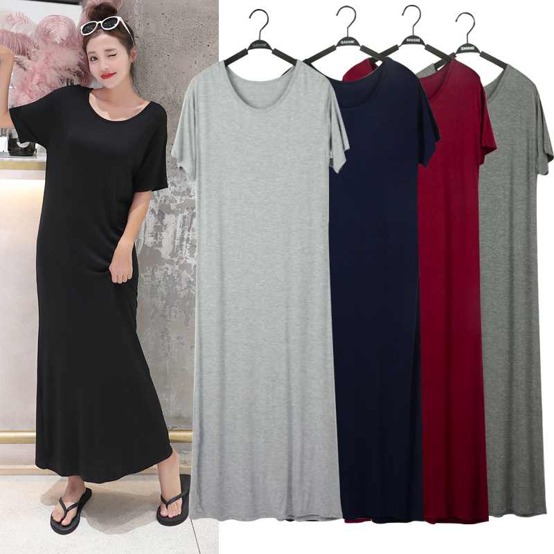 2026 Spring/Summer Korean Style Modal Long Dress Short Sleeve Loose Dress Women's Versatile Outerwear Thin Base Dress Plus Size