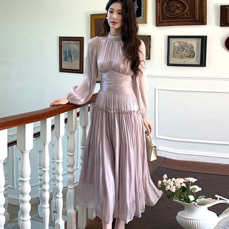 French-Style Rich Girl Dress, Pink Flowing Satin Skirt, Long, Light Luxury, High-End Feel, Pleated Waist, Long Sleeves