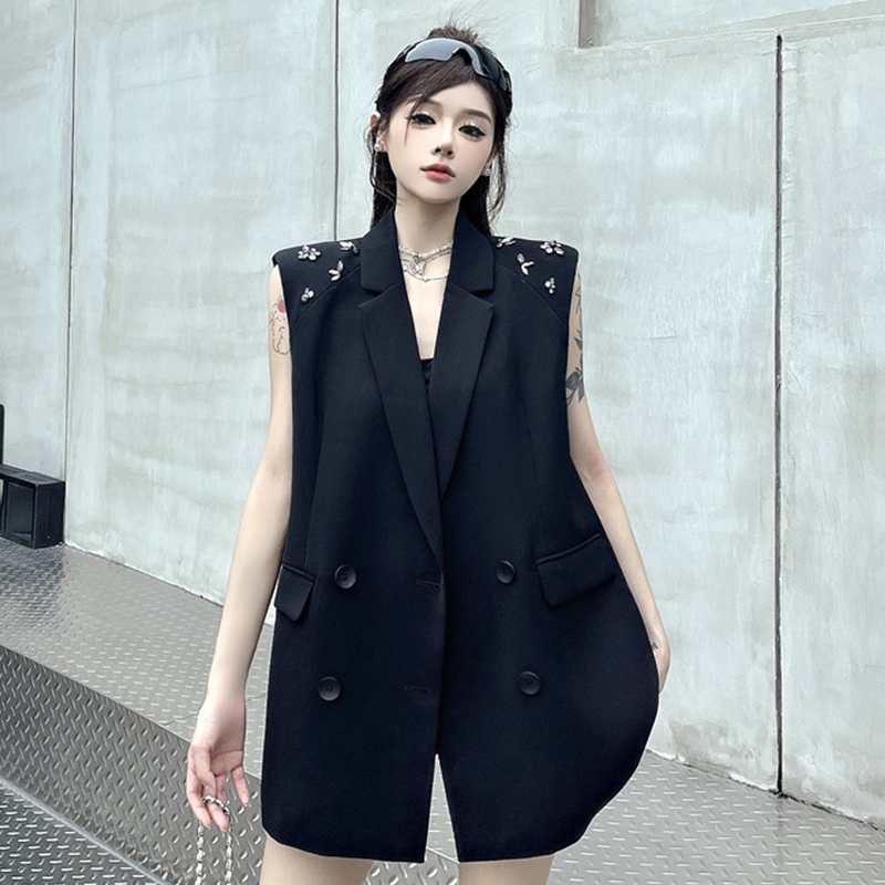 Cool and Stylish Women's Sleeveless Blazer Vest with Heavy Rhinestone Embellishments, Summer Slim-Fit Outerwear, Loose-Fitting Suit Jacket