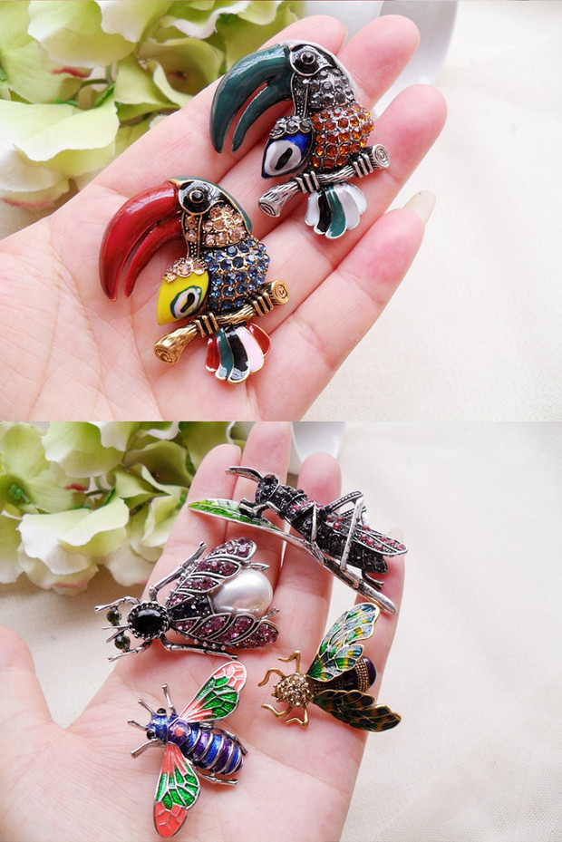 Chim ruồi châu Âu và châu Âu retro miệng lớn vẹt bọ cánh cứng ong côn trùng nam và nữ phù hợp với áo khoác phụ kiện trâm cài phụ kiện cài áo vest nữ