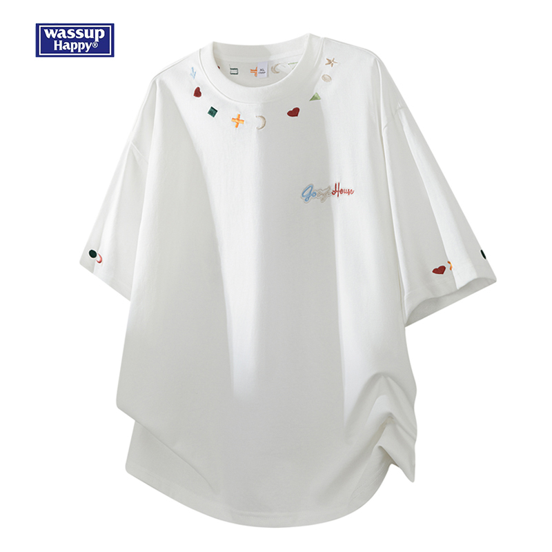 Wassup New Summer Embroidered Short-Sleeved T-Shirt for Men and Women, Casual and Versatile, Drop-Shoulder Style, Loose Trendy Brand High-End Top