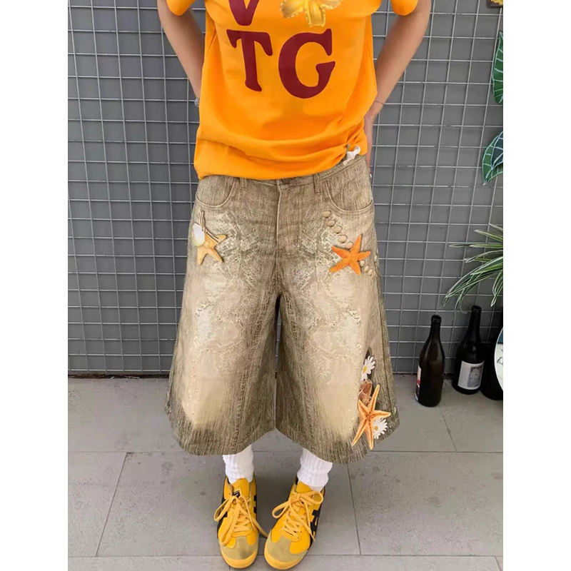 Plus-Size American-Style Starfish and Shell Print Cropped Jeans for Women, Summer Street Style, Loose Fit, Slimming Wide-Leg Mid-Length Pants