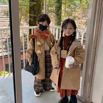 2022 autumn and winter new childrens college wind hooded woolen coat baby long horn buckle khaki windbreaker