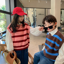 2022 autumn new products childrens loose knitted vest boys and girls horizontal striped sleeveless sweater baby Western-style vest