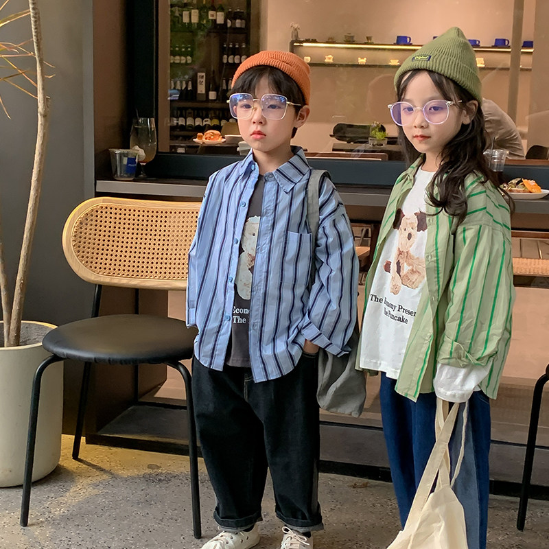 2022 autumn new children's striped shirt thin section foreign style lapel cardigan Korean style trendy children's baby