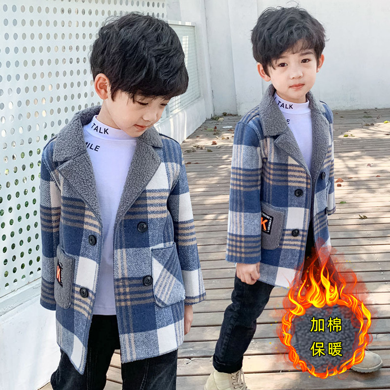 Boys' suit collar Chinese mainland autumn and winter new mid-length woolen jacket plus velvet thick plaid handsome windbreaker
