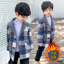 Boys suit collar Chinese mainland autumn and winter new mid-length woolen coat plus velvet thick plaid handsome windbreaker