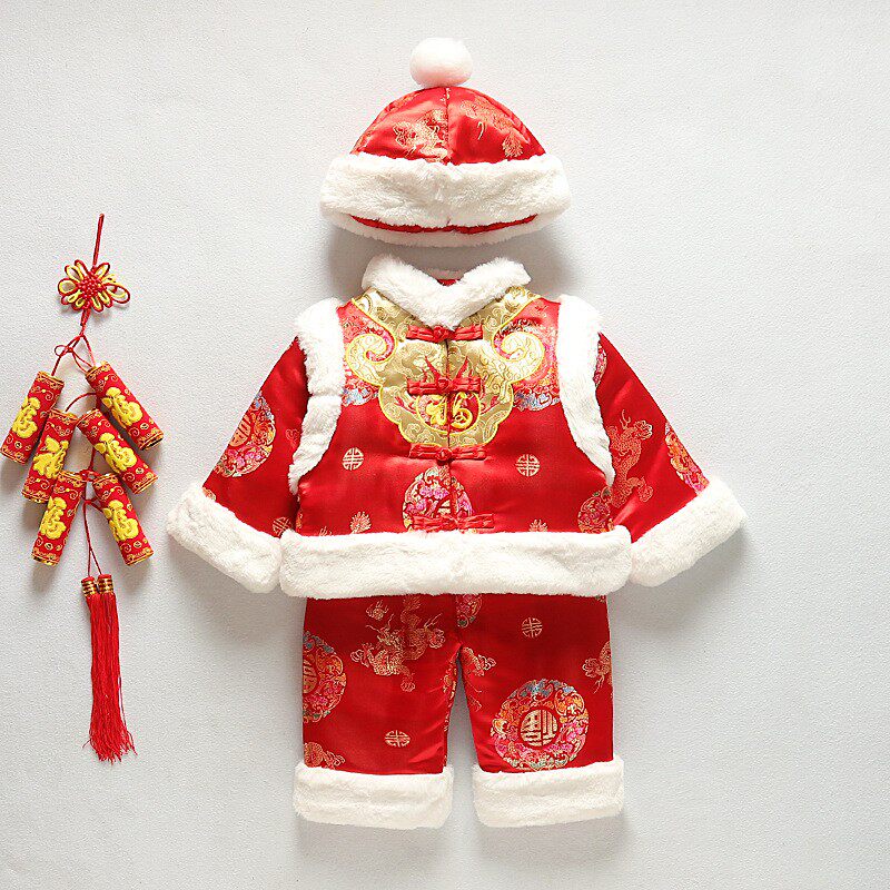 Baby Tang suit winter boy's 100th birthday dress festive plus cotton New Year's greetings boy baby Chinese red plus velvet