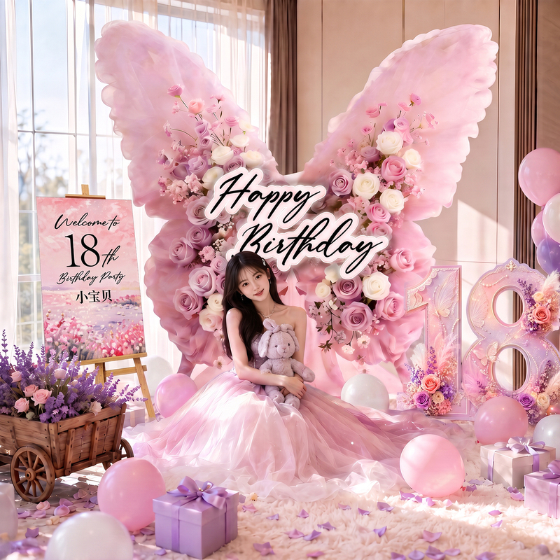 Korean-Style Girl's 18Th Birthday Scene Decoration, Coming-Of-Age Ceremony, Artificial Floral Arrangement, Butterfly Background Wall, Kt Board