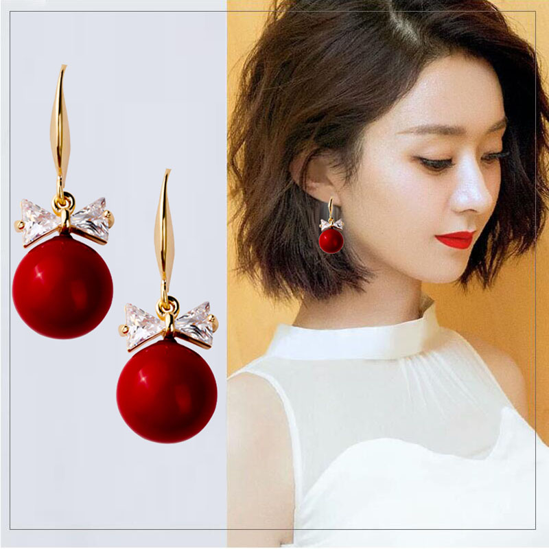 Pearl Earrings Femininity Korean Fashion Bow Inlaid Zircon Earrings Ladies Long Pendant Hypoallergenic Earrings