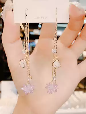 Ice flower crystal flower earrings Cat's Eye Stone long tassel ear refining temperament fashion Japanese and Korean s925 silver needle design earrings