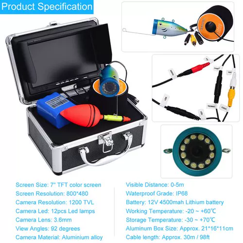 30M 1200TVL подводной рыболовной камеры с 7 -дюймовым ЖК -монитором F