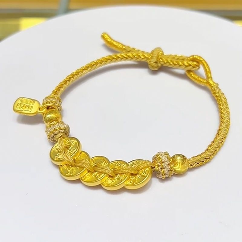 Copper-Plated Gold Five Emperors Coin Fu Brand Bracelet for Women New Gold Cat's Eye Beads Braided Bracelet Gift