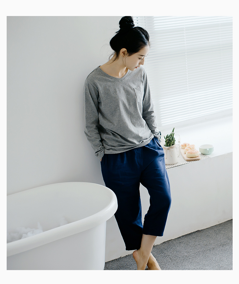 Mùa xuân và mùa thu cotton vài chiếc áo thun dài tay cổ chữ V đồ ngủ rộng rãi dịch vụ tại nhà đơn giản màu sắc cơ bản nhà cotton hàng đầu đồ ngủ đẹp