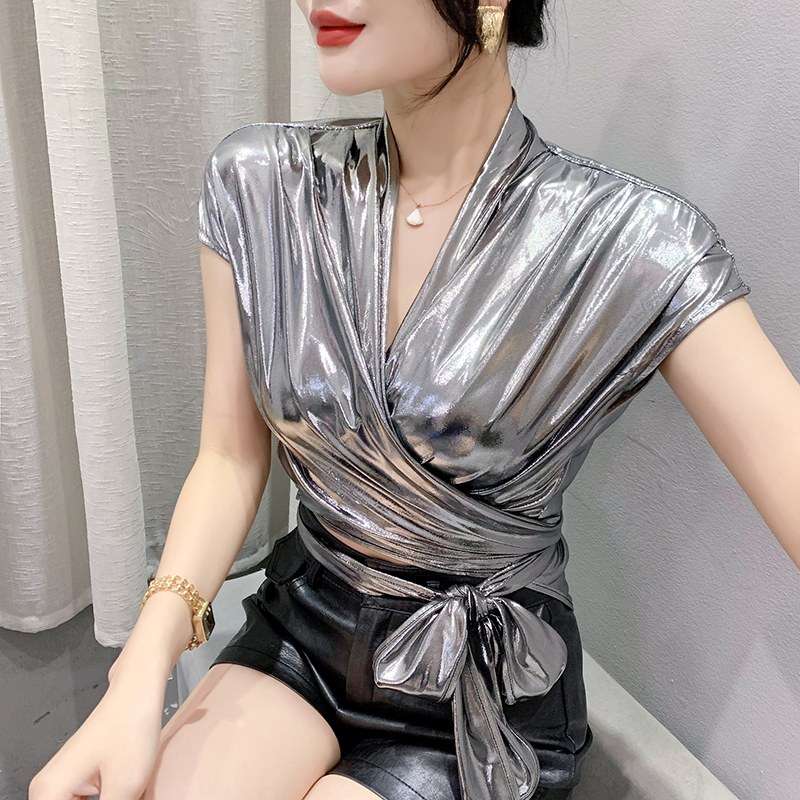 2023 Summer Design Versatile Tie-Up Slim-Fit Short Top Fashionable Glossy Solid Color Short-Sleeve T-Shirt for Women 2023 Summer Design Versatile Tie-Up Slim-Fit Short Top Fashionable Glossy Solid Color Short-Sleeve T-Shirt for Women