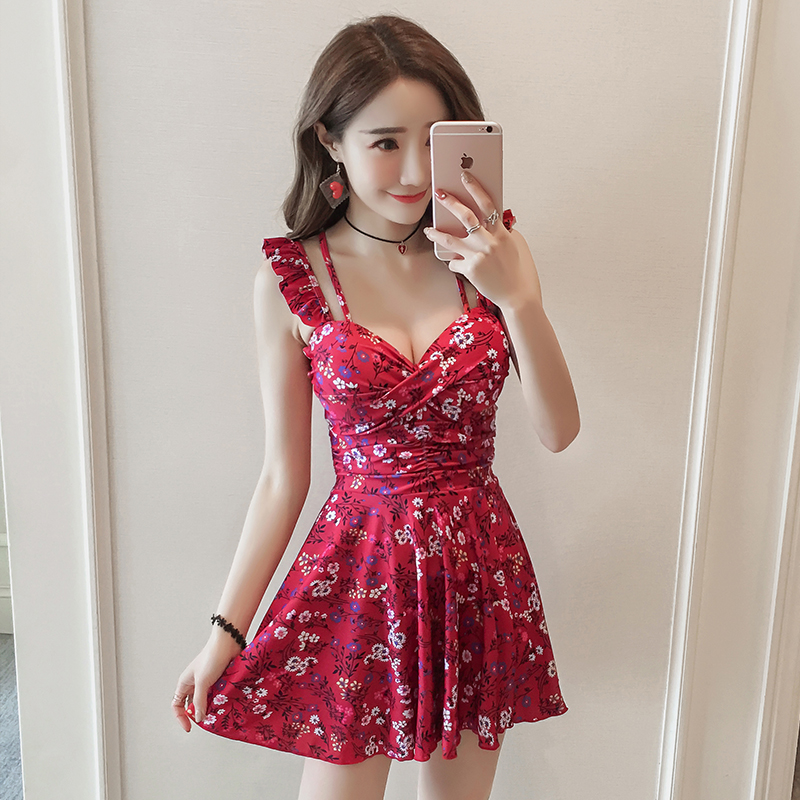 Korean swimsuit woman with lean, hot spring leaf, small chest, clocked with red swimsuit