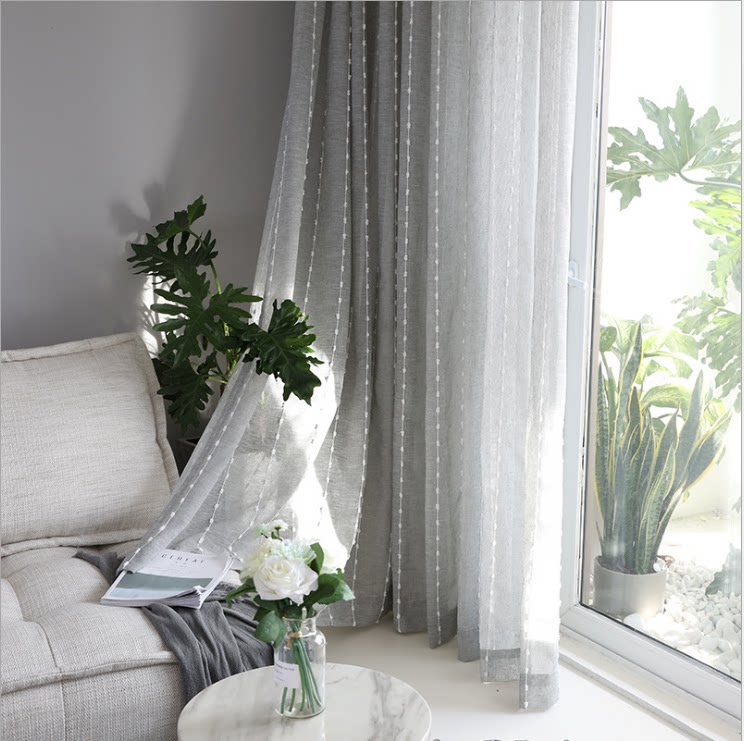 New Nordic jacquard cotton linen yarn curtain vertical stripe cotton ball jacquard yarn Living room bedroom yarn curtain Hangzhou installation