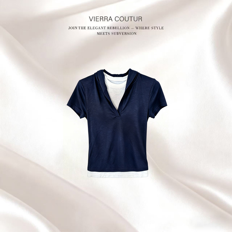 [193] Fake Two-Piece Hooded Short-Sleeved V-Neck Casual T-Shirt
