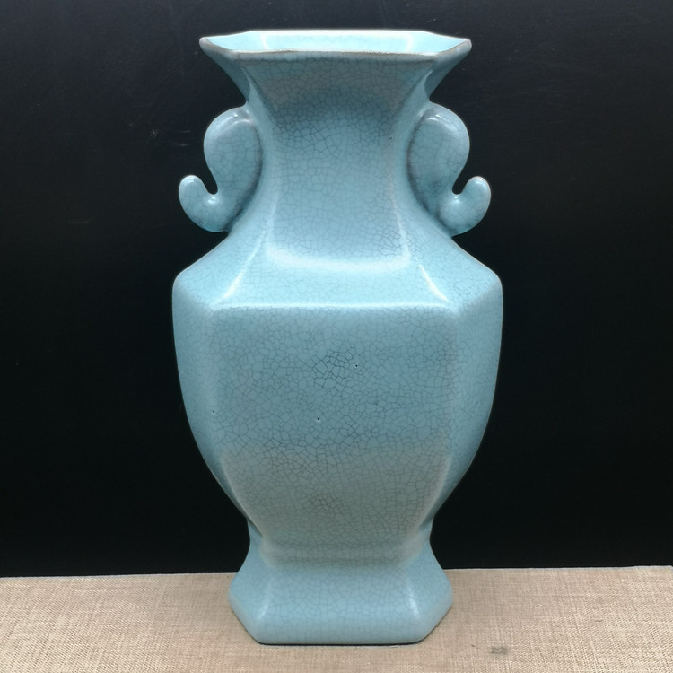 大宋官窑汝窑天青釉六方象耳瓶古玩瓷器古董收藏真品老货旧货摆件