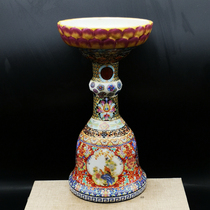 Retro-style ceramic ornaments Yongzheng style enamel lotus candlesticks living room decorations Buddhist hall worship antiques