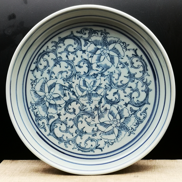 Bright Sky White Period Green Flowers Tangle Branches Lotus Flower tea tray Dried Bubble Pan Imitation Ancient Jug Bearing Melon Fruit Tray Ancient Play Old Objects Collection-Taobao