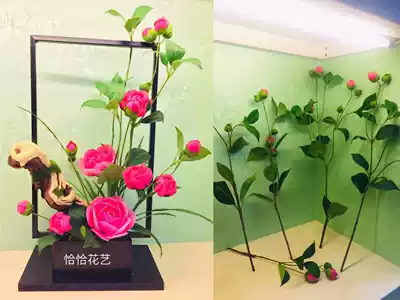 Cha Cha flower art Dongli flower material stockings flower simulation camellia branches Multi-head camellia branches with buds