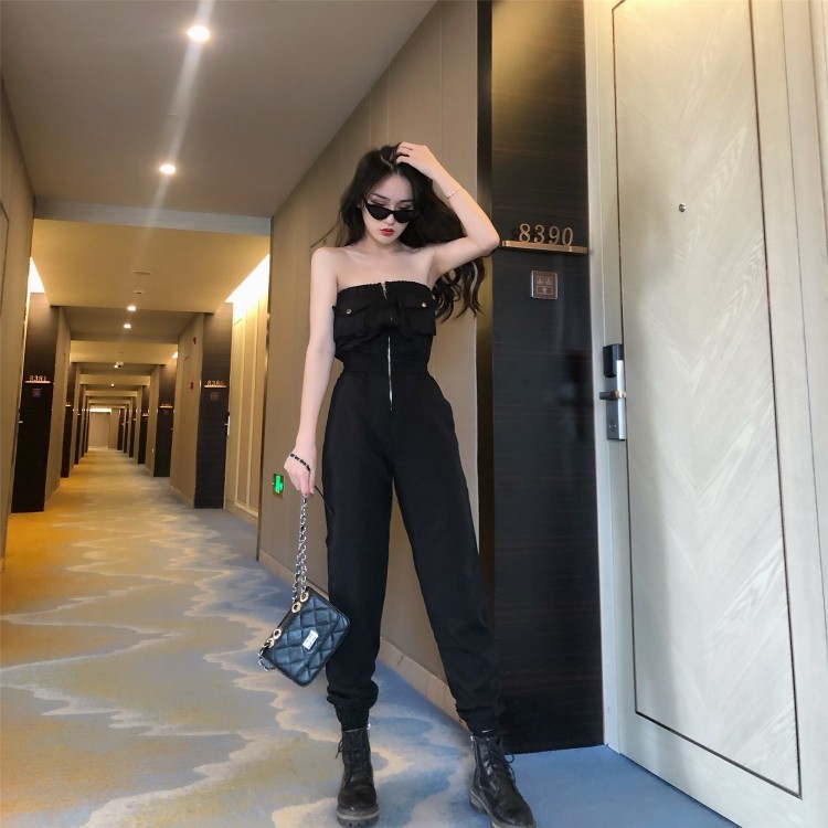 Buy 2019 summer women's new bra jumpsuit korean style sexy skinny black
